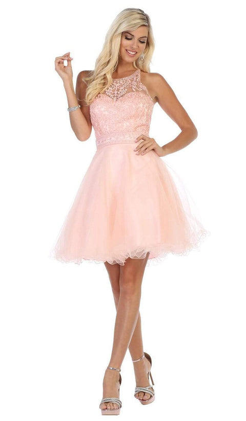 Lace Applique Illusion Scoop Neck Cocktail Dress - May Queen MQ1658