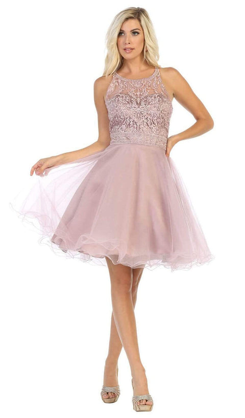 Lace Applique Illusion Scoop Neck Cocktail Dress - May Queen MQ1658