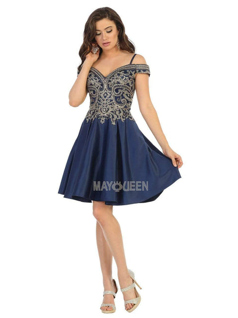 Gilt-Appliqued Off Shoulder A-Line Dress - May Queen MQ1661