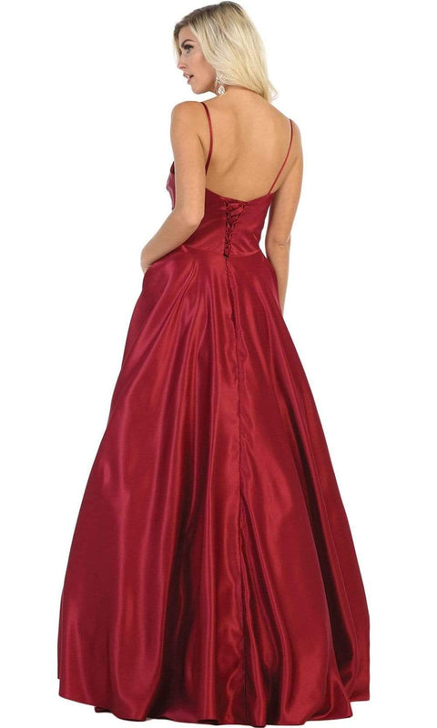 Spaghetti Straps Corset Back Long Satin Gown - May Queen MQ1678