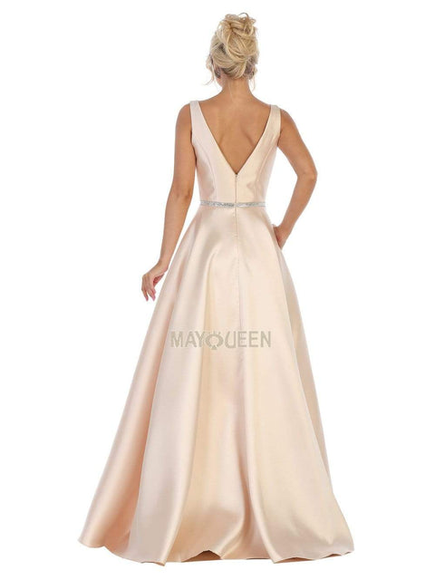 Illusion Plunging Neck Sleeveless Satin A-Line Gown - May Queen MQ1683