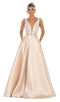 Illusion Plunging Neck Sleeveless Satin A-Line Gown - May Queen MQ1683