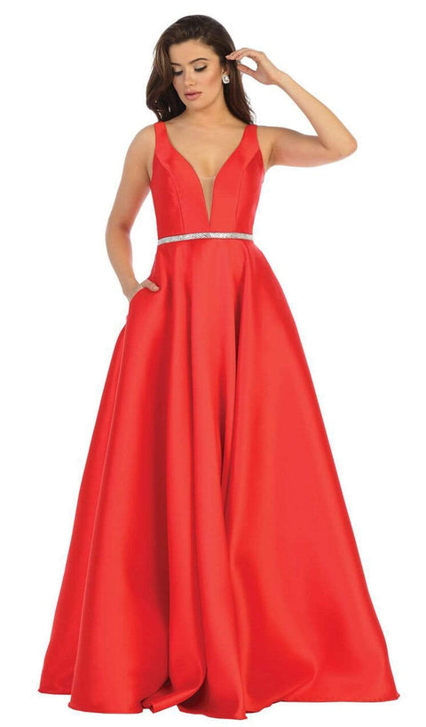 Illusion Plunging Neck Sleeveless Satin A-Line Gown - May Queen MQ1683