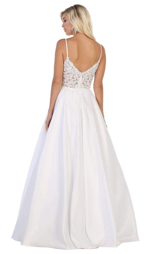 Sleeveless Beaded Mesh Lace Back A-Line Satin Gown - May Queen MQ1685