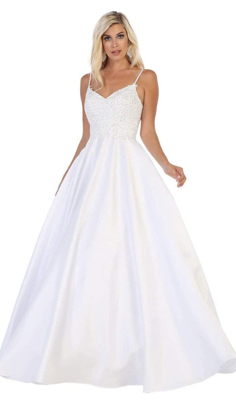 Sleeveless Beaded Mesh Lace Back A-Line Satin Gown - May Queen MQ1685