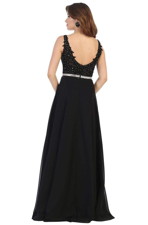 Embroidered Plunging V-neck A-line Gown - May Queen MQ1701