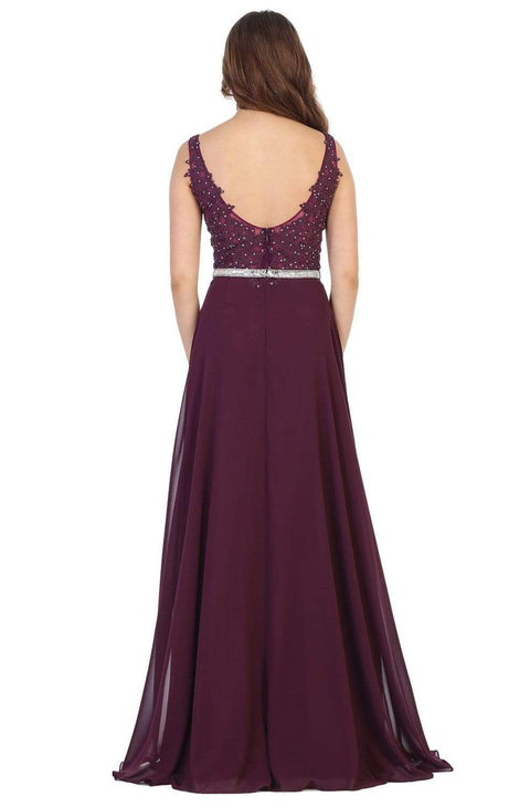 Embroidered Plunging V-neck A-line Gown - May Queen MQ1701