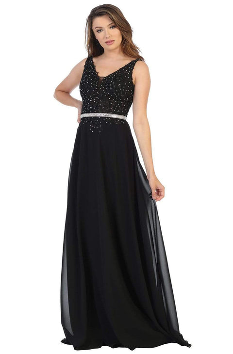Embroidered Plunging V-neck A-line Gown - May Queen MQ1701