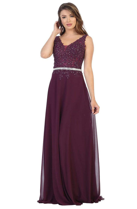 Embroidered Plunging V-neck A-line Gown - May Queen MQ1701