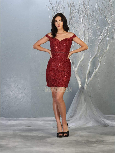 Short Off Shoulder Lace Appliqued Dress - May Queen MQ1715