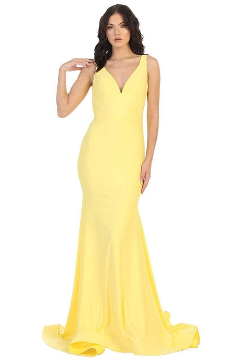 Plunging V-neck Trumpet Dress With Train - May Queen MQ1719
