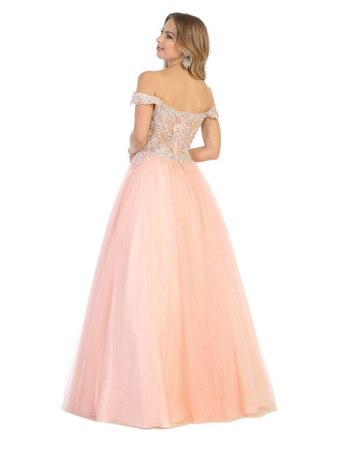 Illusion Plunged Appliqued Off Shoulder Dress - May Queen MQ1734