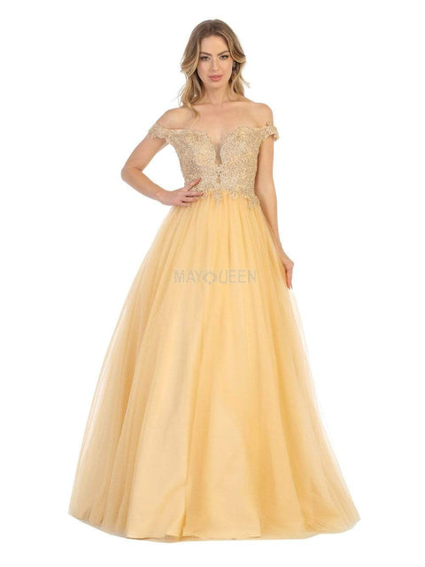 Illusion Plunged Appliqued Off Shoulder Dress - May Queen MQ1734
