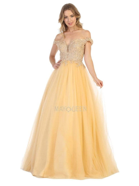 Illusion Plunged Appliqued Off Shoulder Dress - May Queen MQ1734