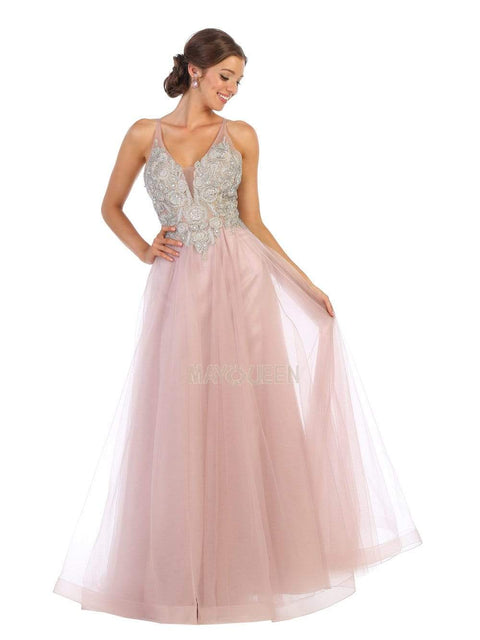 Long Beaded V-Neck Bodice Tulle Dress - May Queen MQ1737