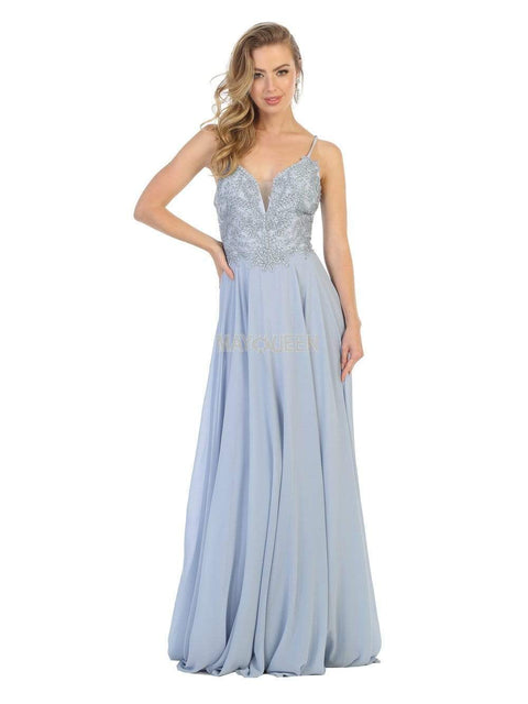 Embroidered Plunging V-neck A-line Dress - May Queen MQ1750