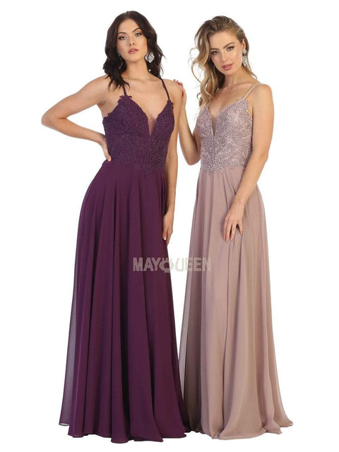Embroidered Plunging V-neck A-line Dress - May Queen MQ1750