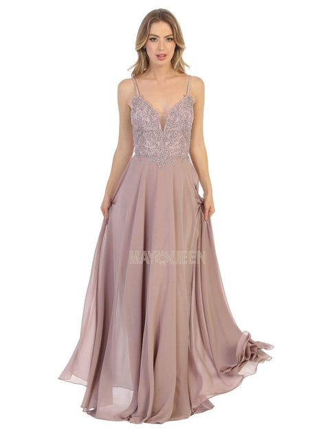 Embroidered Plunging V-neck A-line Dress - May Queen MQ1750