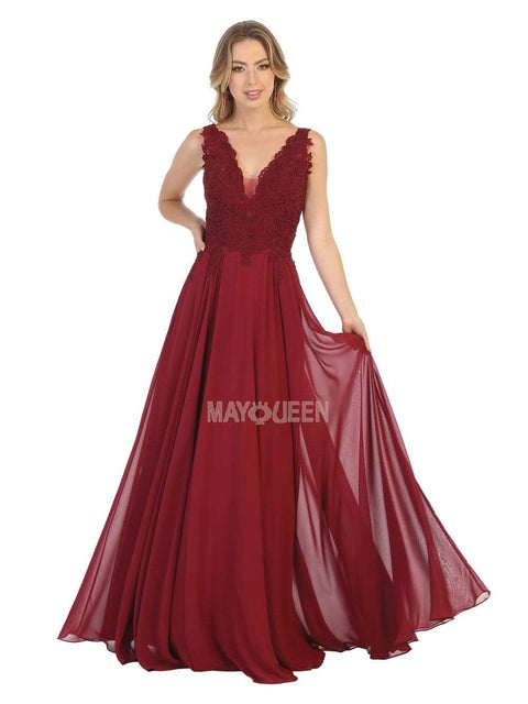 Embroidered Deep V-neck A-line Dress - May Queen MQ1754