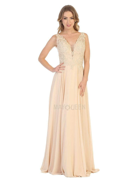 Embroidered Deep V-neck A-line Dress - May Queen MQ1754