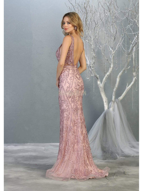 Beaded Soutache Plunging V-Neck Gown - May Queen MQ1758