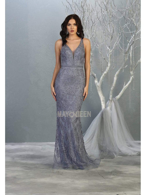 Beaded Soutache Plunging V-Neck Gown - May Queen MQ1758