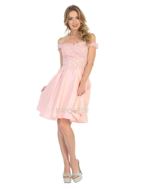 Off Shoulder Beaded Lace Satin Cocktail Dress - May Queen MQ1766