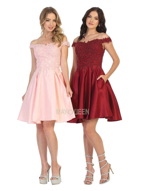 Off Shoulder Beaded Lace Satin Cocktail Dress - May Queen MQ1766