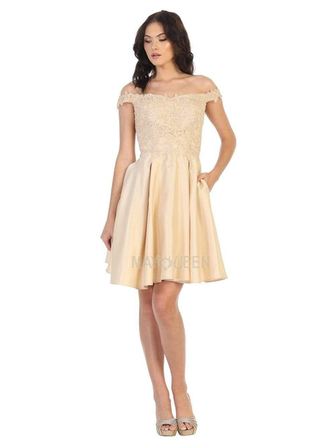Off Shoulder Beaded Lace Satin Cocktail Dress - May Queen MQ1766