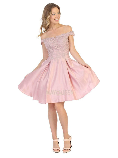 Off Shoulder Beaded Lace Satin Cocktail Dress - May Queen MQ1766