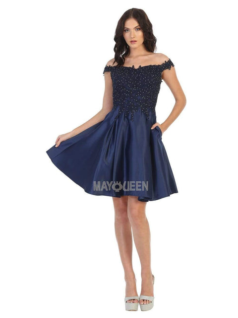 Off Shoulder Beaded Lace Satin Cocktail Dress - May Queen MQ1766
