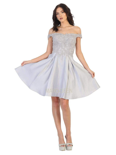 Off Shoulder Beaded Lace Satin Cocktail Dress - May Queen MQ1766