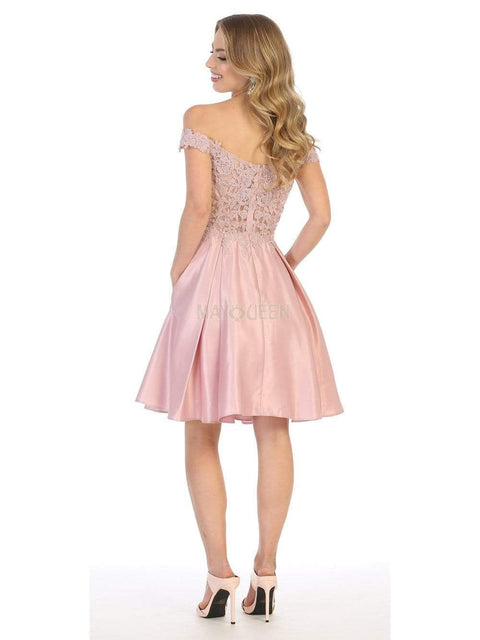 Off Shoulder Beaded Lace Satin Cocktail Dress - May Queen MQ1766