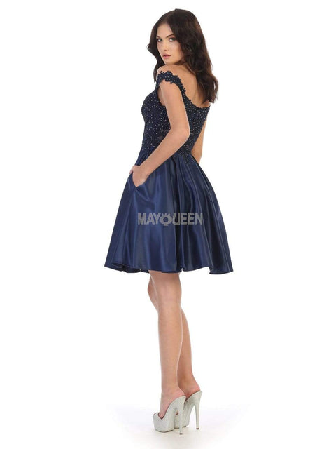 Off Shoulder Beaded Lace Satin Cocktail Dress - May Queen MQ1766