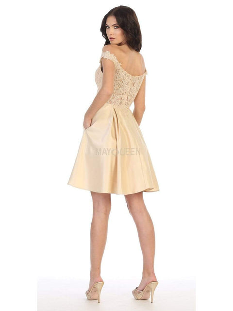 Off Shoulder Beaded Lace Satin Cocktail Dress - May Queen MQ1766