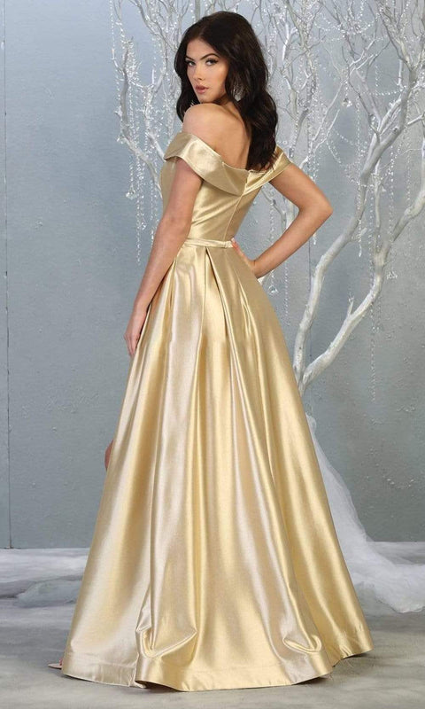Surplice Off Shoulder High Slit Metallic Dress - May Queen MQ1781