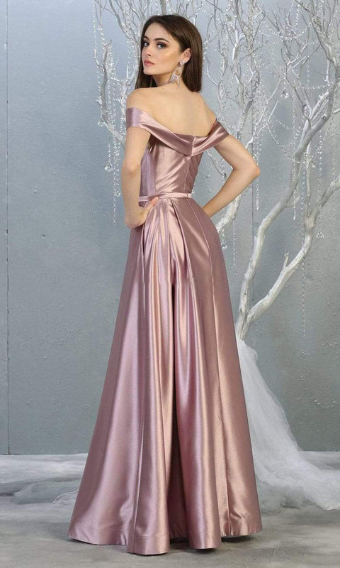 Surplice Off Shoulder High Slit Metallic Dress - May Queen MQ1781