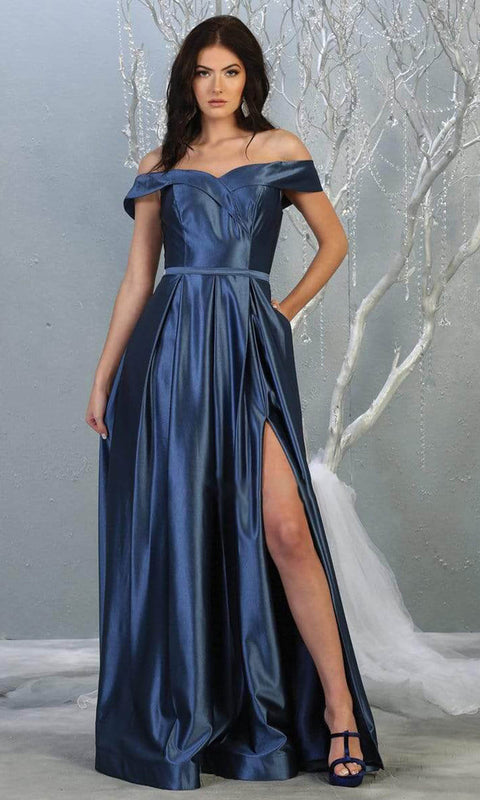 Surplice Off Shoulder High Slit Metallic Dress - May Queen MQ1781