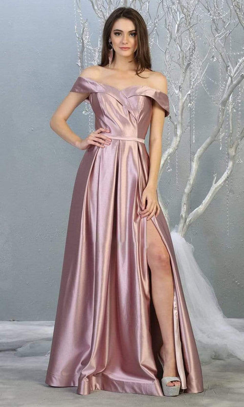 Surplice Off Shoulder High Slit Metallic Dress - May Queen MQ1781