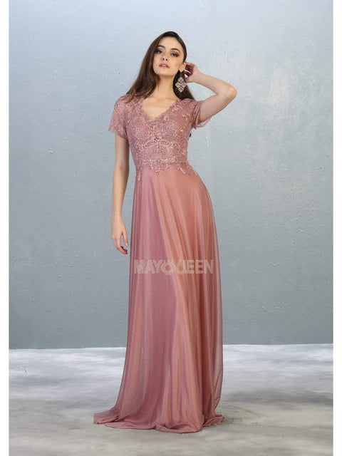 Appliqued Short Sleeve Bodice Glitter Long Dress - May Queen MQ1794