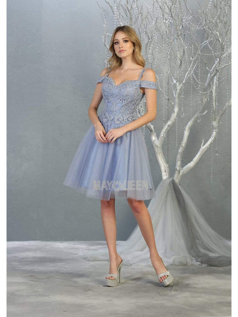 Short Appliqued Off Shoulder Tulle Dress - May Queen MQ1809