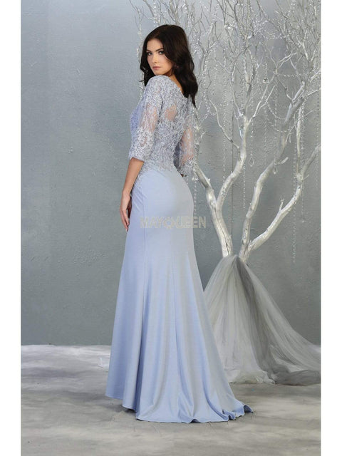 Sheer Quarter Sleeve Appliqued Trumpet Dress - May Queen MQ1810