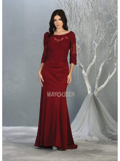 Sheer Quarter Sleeve Appliqued Trumpet Dress - May Queen MQ1810