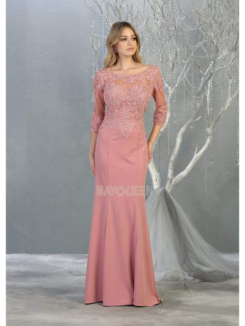 Sheer Quarter Sleeve Appliqued Trumpet Dress - May Queen MQ1810