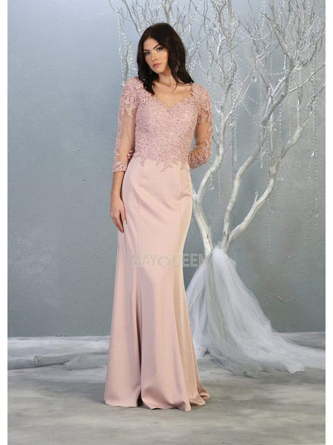Appliqued Quarter Sleeve Scoop Bodice Dress - May Queen MQ1811