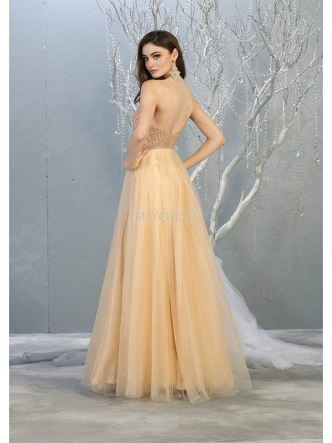 Beaded Plunging V-Neck A-Line Dress - May Queen MQ1812