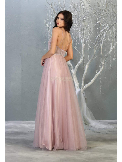 Beaded Plunging V-Neck A-Line Dress - May Queen MQ1812