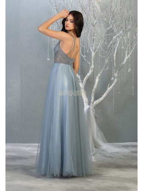 Beaded Plunging V-Neck A-Line Dress - May Queen MQ1812