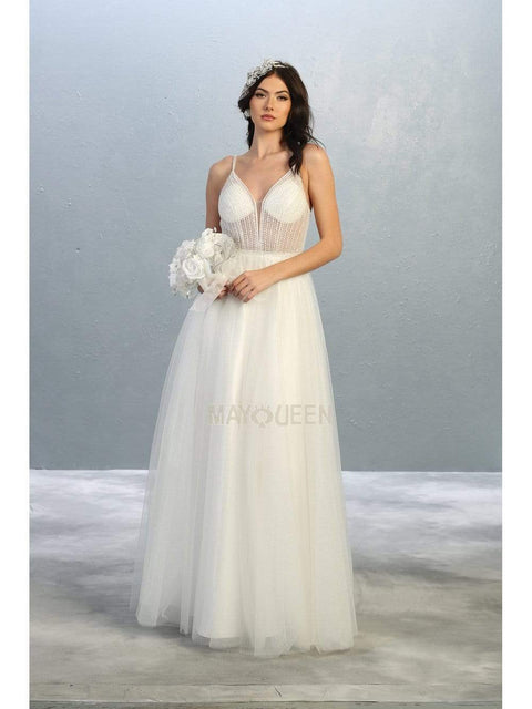 Beaded Plunging V-Neck A-Line Dress - May Queen MQ1812