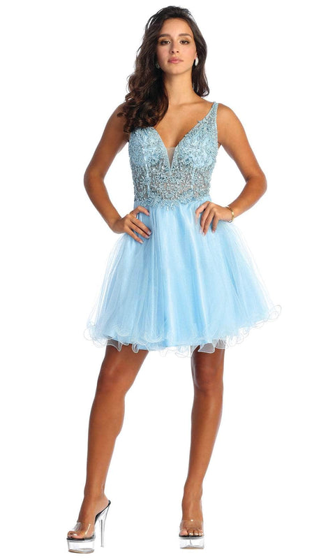 Beaded Lace V-Neck Cocktail Dress - May Queen MQ1913